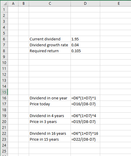 A B E Current dividend 1.95 Dividend growth rate 0.04 Required return 0.105 Dividend in one year =D6*(1+D7)^1 Price today =D1