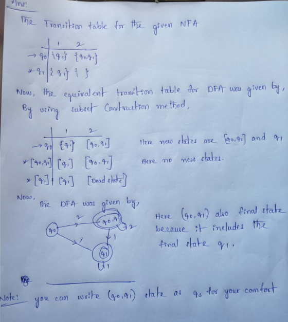 Ans: The Transition table for the given NFA 790191{ googit Now, the equivalent transition table for DFA was given by, using s