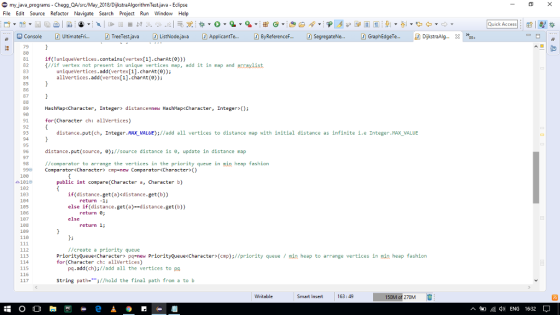 my java_programs - Chegg QA/c/May_2018/DijkstraAlgorithm Test.java - Eclipse File Edit Source Refactor Navigate Search Projec
