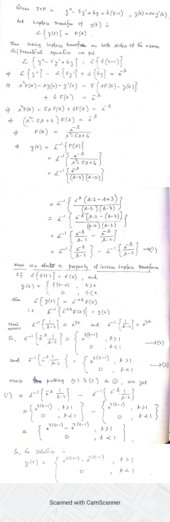 IYP is tet Then we get y => 5 Given 7- 5y+by = $(t-1), 4(0) =o=y(o). taplace transform of y(t) is 4 {y(t)} F(s) taking Lap