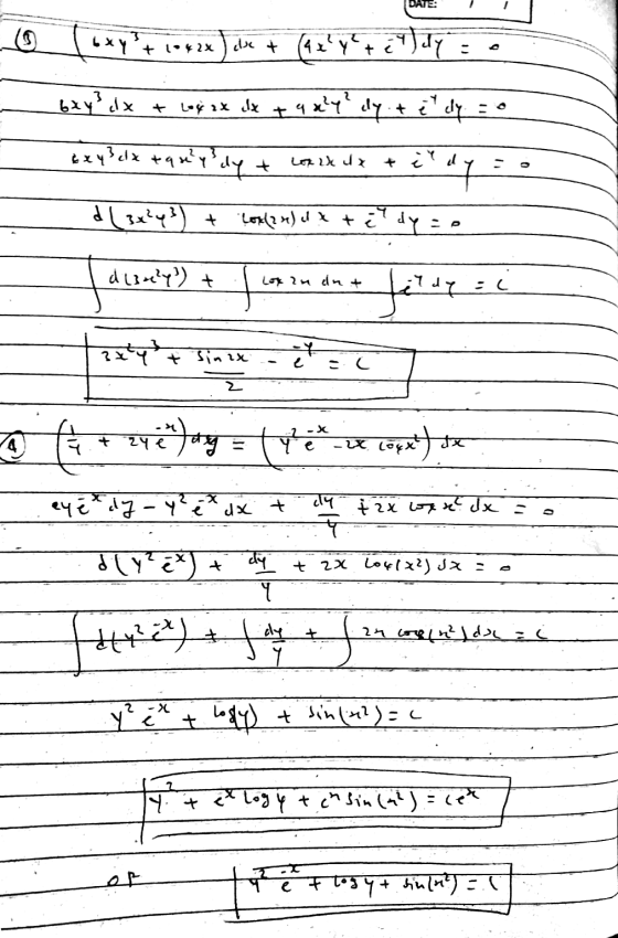 DATE: (5) ८५१ + 1.2x -) dix + (41+लो 32 6x y² dx + Loy ax dx + 4 dy dy te dy Exy3dhx +que?y ? dy + Lom ix Lankar èl (x) + L