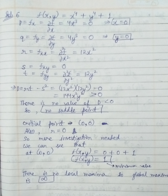 Sel 6 fly) p= fx = af x + y + 1 (y=ol q = fy = af My² dj r = fxx = of = 120² da2 fry = t dz 12y² 2 There is 80 2 >D=9t -5% =