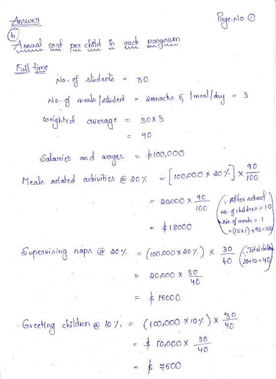 Answer Page: No O Annual comenta per child to cache conseguem Full time . No. of students = 30 No. of meals Lastudent = amba