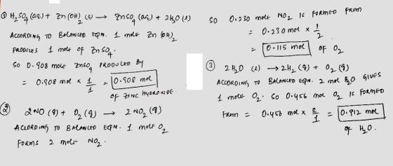 @ H₂SO4 (92) + Zn(OH) (s) — Enso (aq) + 240 (1) ACCORDING TO Balanced Epw. I molt zn (64) PRODUCES 1 mole of En sog. so 0.908
