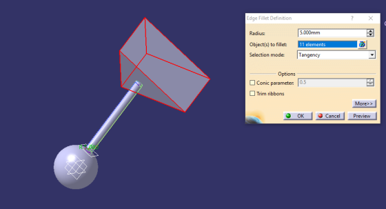 Edge Fillet Definition 5.000mm Radius: Object(s) to fillet: Selection mode: Tangency 11 elements Options Conic parameter: 0.5