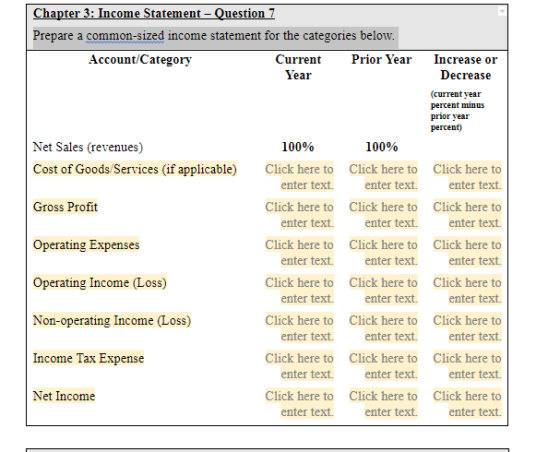 Chapter 3: Income Statement - Question 7 Prepare a common-sized income statement for the categories below. Account/Category C