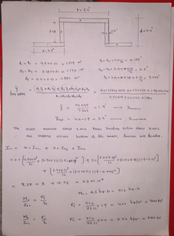 b = 6.4 3.18 20:3) d=4.4 4 a=4.p Y = 4₂ = 0.31% = 0.155 A = Az = 4.980.31 = 1.519 in Az = Ay = 3.78×0.31 - 1172 1st As = 6.