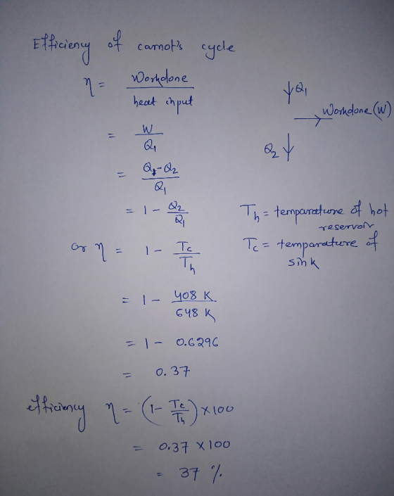 Efficiency of camots cycle = Worldone heat chput Wondone (W) 1 Th= temparat one of hot I reservoir Tc= temparature of Sink G
