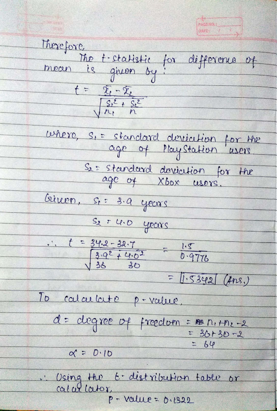 difference of Therefore, The to statistic for givon by X - 8,² 8,2 mean is M of pray Station where, S, - Standard deviation f