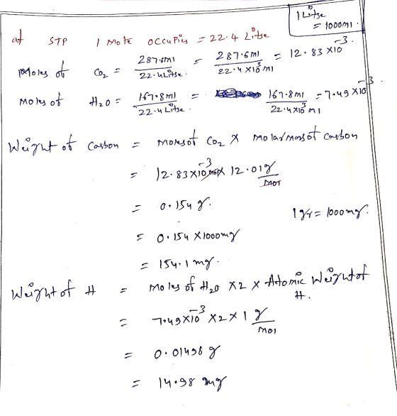 I at stp Moles of 1 litse E 1000MI: I mote occupies = 22.4 Litse -3 . 287.671 287.670) = 12.83X10 co₂ = 22. unitse. 22.4x Hos