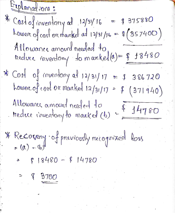Eylanation Cast ofinvenlany a 1/fy 16 Lower of cast or market ad 13/31/14= 9(3S 74 O0) Allowanee amoun nesded to, tedune inve