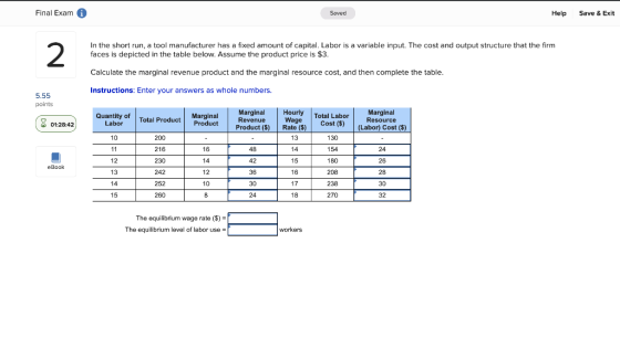 Final Exam G Saved Help Save & Exit 2 In the short run, a tool manufacturer has a fixed amount of capital. Labor is a variabl