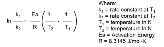 k1 Ea 1 1 In ( ) T Where: ki = rate constant at T1 kzi = rate constant at T2 T1 = temperature in K T2 = temperature in K Ea =
