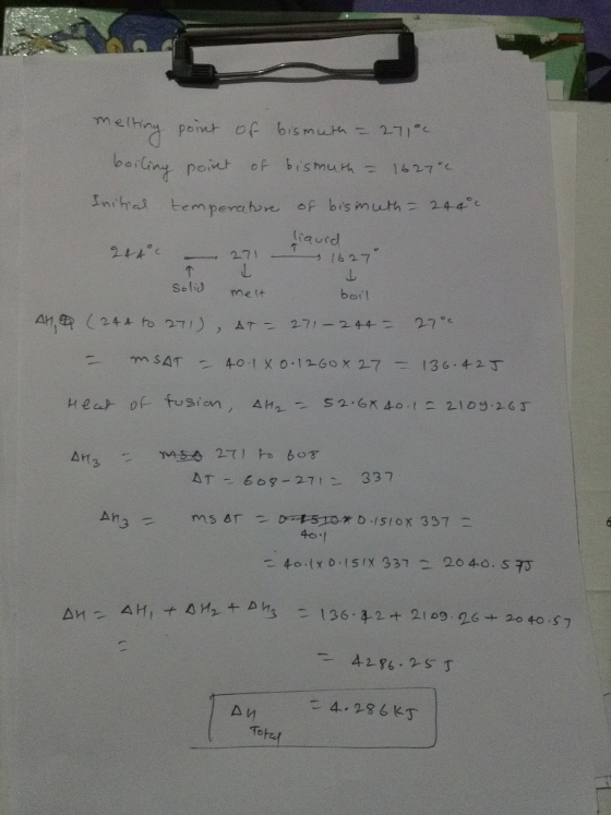 melti point of bismuth.. 271°C nihl temperctore of bismuth 244 16 27 Seli mett bol 46-1 24-28 6 kT To
