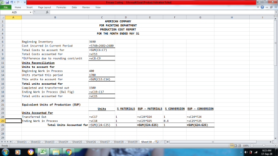 Process Costing - Microsoft Excel (Product Activation Failed) х X 95 File Home Insert Formulas Data Review View ♡ X Page Layo