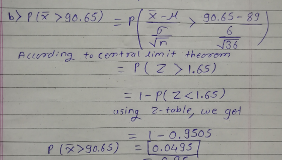 b> p (=>90.65) = p/x-M 90.65-89 1 According 136 to central limit theorem = P (Z > 1.65) =I-P(Z <1.65) using 2-table, we get =