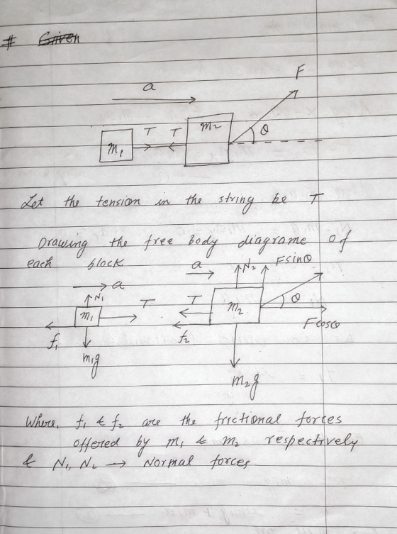 Given € Let the tension in the string be Drawing the each block free body diagrame Esino a COSCO Where, e & N f, & fe offered