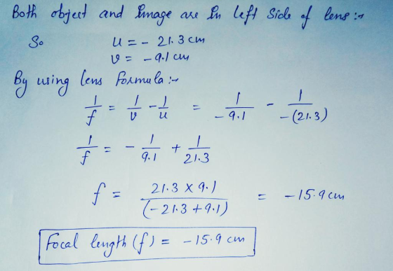 By 1 1 Both object and Image are in left side of lens : So u=- 21.3cm v= -a-l cum using lens formula :- Lud f v -9.1 - (21.3)