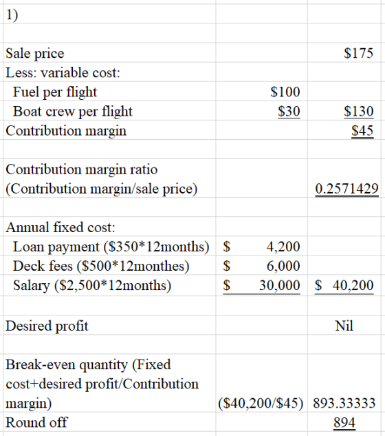 1) $175 Sale price Less: variable cost: Fuel per flight Boat crew per flight Contribution margin $100 $30 $130 $45 Contributi