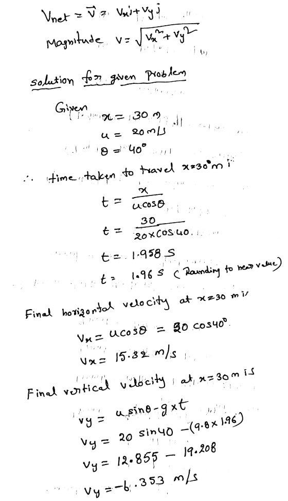 Vnet = √ z Vanit vyj Magnitude ve ✓ um + vy? ۹۰) solution for given given Problem Given ng=:30 ... ! 20m/s O = 40° time taken