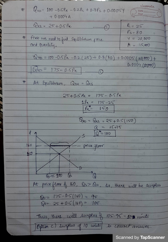 classmate # Date Page Q x = 100 -0.5Px – 0.21c + 0.88s +0.00054 +0.0004 A Pc = 25 Qxs = 25+ 0.5px Ps= 80 Y = 20,000 # first w