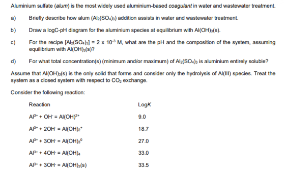 Aluminium sulfate (alum) is the most widely used aluminium-based coagulant in water and wastewater treatment. a) Briefly desc