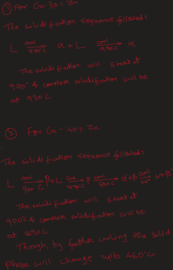 o For Cu-301. Zn The solidification sequence followed: cool cool at L a L 970 9 30 start at The solidi fication will 970 & co