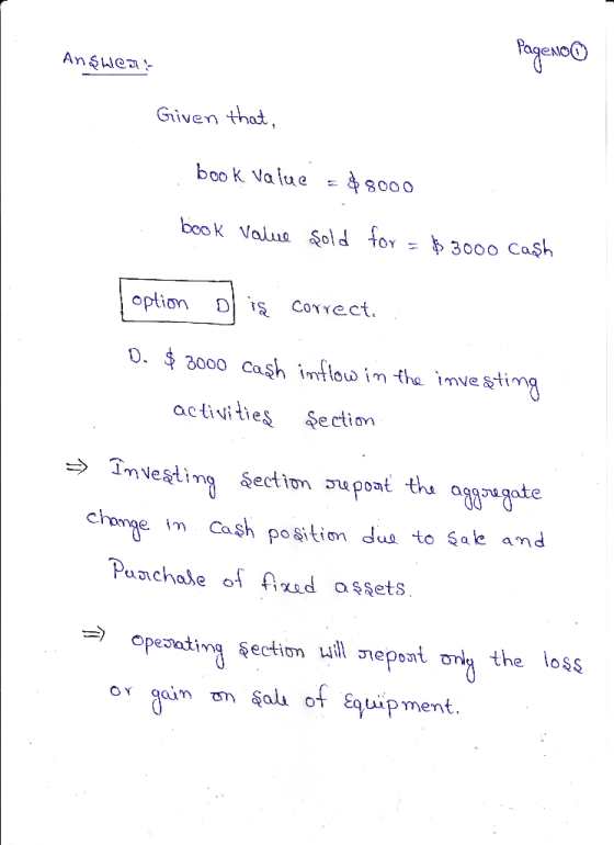 PagenoO An SWea!- Given that, book va lue 8000 book Value Sold tor $ 3000 Cash option Correct. 0. $ 3000 Caşh imflow im the i