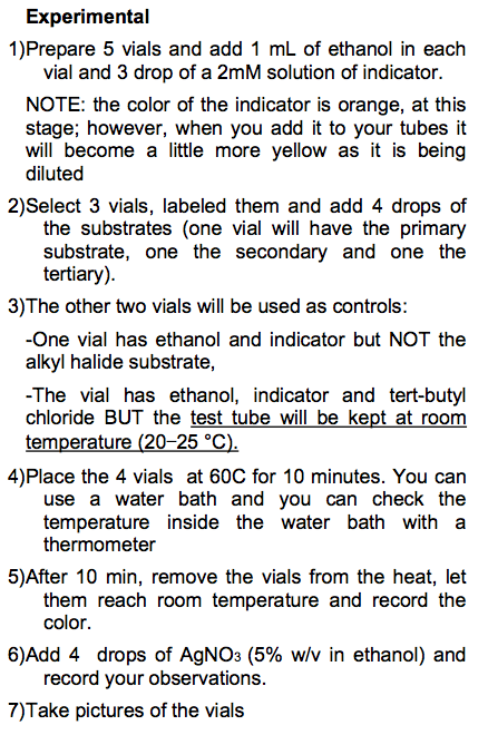 Experimental 1) Prepare 5 vials and add 1 mL of ethanol in each vial and 3 drop of a 2mM solution of indicator. NOTE: the col