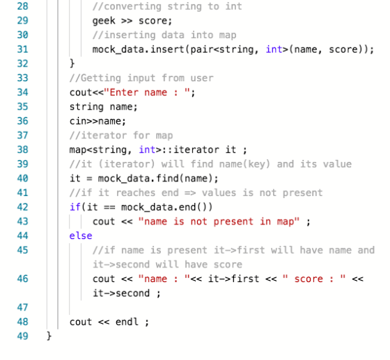 //converting string to int geek >> score; //inserting data into map mock_data.insert(pair<string, int>(name, score)); //Getti