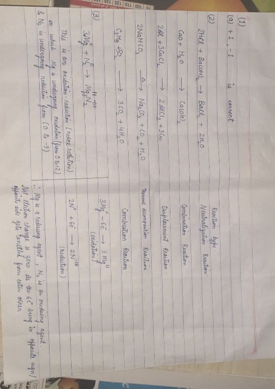 (a) +1,- 1 is correct Reaction type: (2) Neutralization Reaction 2HCl + Bacol → Back + 2H2O Combination Reaction CaO + H₂O Ca