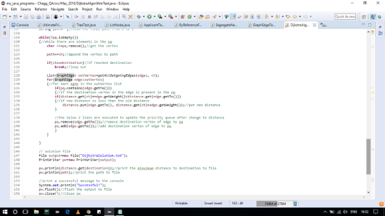 my java_programs - Chegg QA/c/May_2018/DijkstraAlgorithm Test.java - Eclipse File Edit Source Refactor Navigate Search Projec