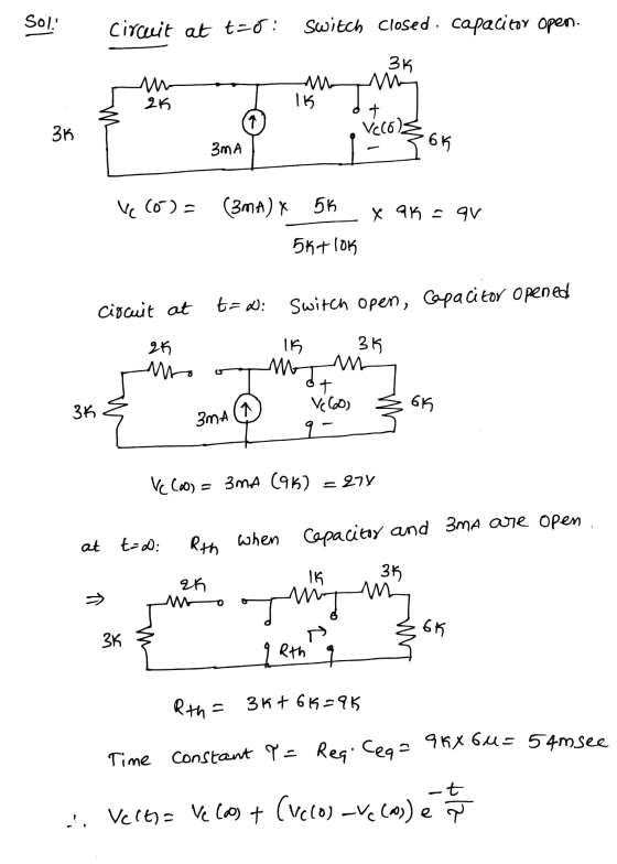 Solo circuit at t=0: switch closed. capacitor open. 35 25 IB 36 3MA T Velos = 36 V(60)= x an = av (3MA) x 51 5kt lok circuit