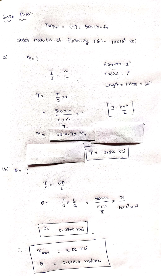 Given Data: Torque = (T) = 500 lb-ft shear modules of Elasticity (G)= 10x103 ksi diameters 2 HD Els radius = Length = 10126