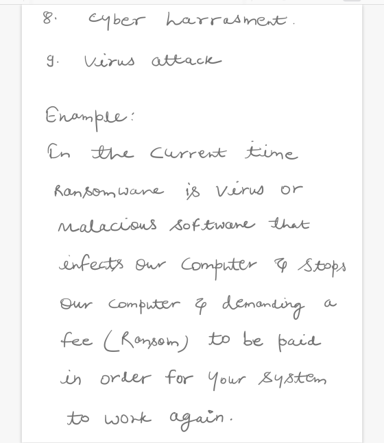 8 cyber harrasment g. virus attack Enample: In the current time Ransomware is verus or nalacious software that infects our co