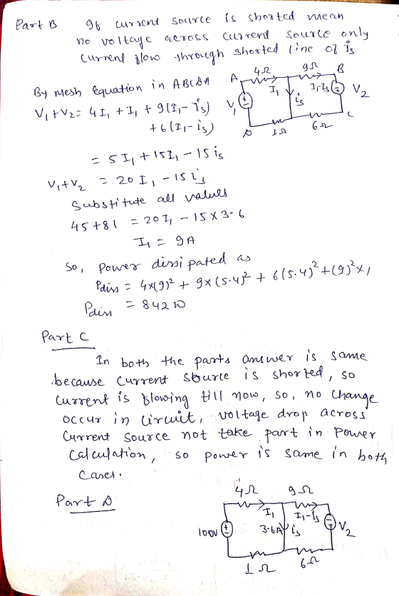 Source of ursene no gn Part B is shorted mean voltage across Current Source only current flow through shorted line of is 42 B