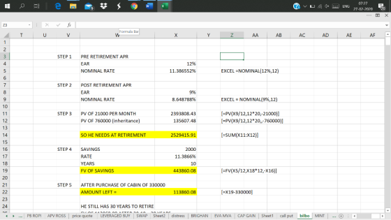 ? v . 1 ENG 07-27 27-02-2020 20 T U V Formula Bar . Z AA AB AC AD AE AF a STEP 1 PRE RETIREMENT APR EAR NOMINAL RATE 12% 11.3