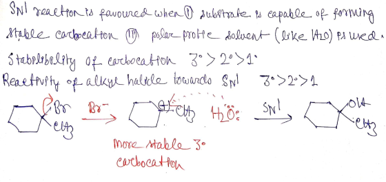 SNI reaction is favoured when substrate is capable of forming Stable carbocation @ polar protte solvent (like H2O) Ps used. S