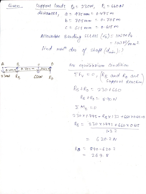 Given support loads P 230N, Pc = 660N distances, a - 475mm - 0.475m b- 705mm 0.705m c-615 mm -0.615 m Allowable Bending stres