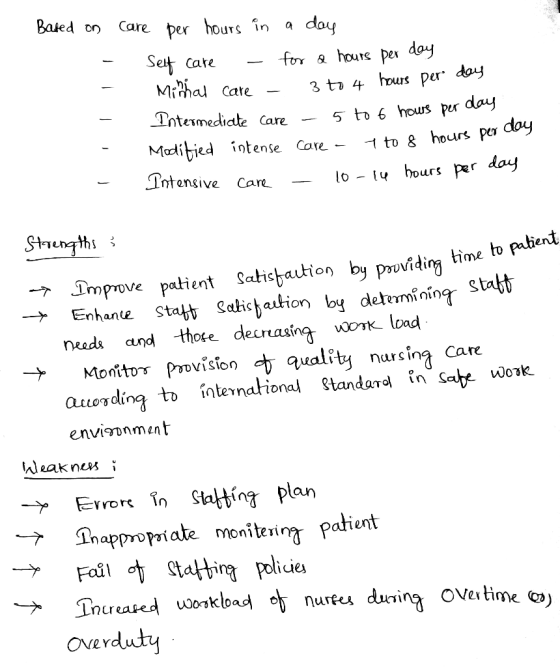 Based on care per hours in a day Self care - for a hours per day Minhal Care - 3 to 4 hours per day Intermediate care - 5 to
