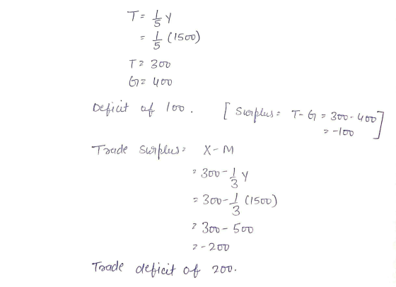 T=/y =Ę (1500) T2 300 G2 400 Deficit of 100. Surplus T-G = 300-4007 2-100 Trade Surplusa X-M ? 300-1/24 2300-1 (1500) 2300-50