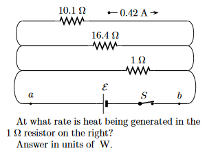 10.1 2 0.42 A 16.4 2 1 2 At what rate is heat being generated in the 1 2 resistor on the right? Answer in units of W