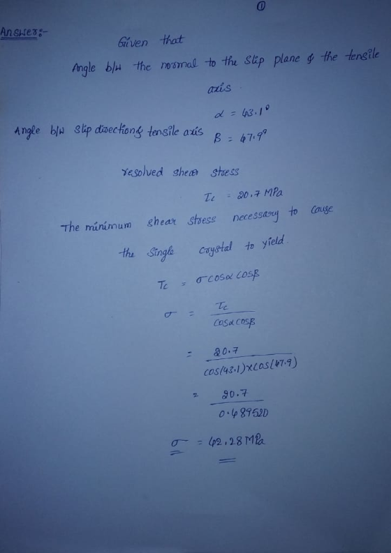 Anshego- Given that Angle b/w the normal to the slip plane of the tensile axis d = 43.10 Angle blw Slip diðectiong tensile au