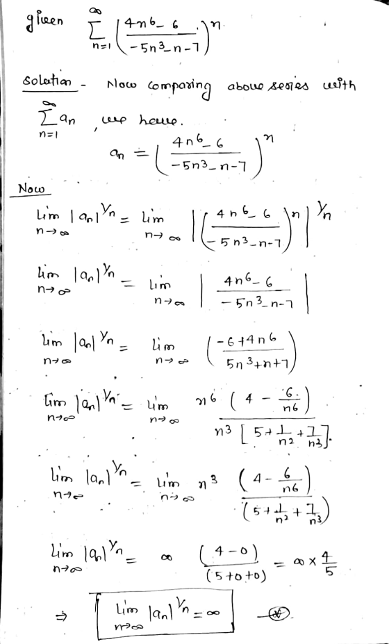 given 11 month le solation How comparing аbоо хеотом Ўth 8 W an 1 n=1 we hove. 4n6_6 an = -5n3_n-1 n Now lim lan Yn = lim 4 h