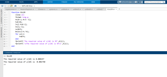 HOME PLOTS APPS EDITOR PUBLISH FILE VERSIONS VIEW 5GE Search Documentation a a > MATLAB Drive > x untitled5.m x untitled6.m x