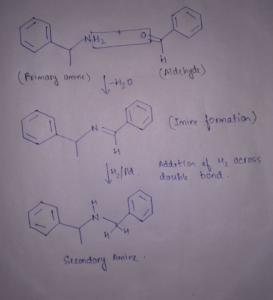 (primary amine) J-160 (Aldehyde) aru con formation) H Addition of H₂ across double bond. Secondary Amine