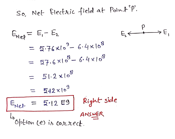 So, Net Electric field at Polud P. a Exer E,- Ez ĘK E, = = 5.76x10-6.4x 108 57.6*10 6.4x100 51.2x168 5.12 x109 Ever = 5:12