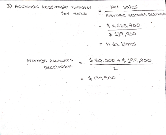 3) Accounts receivable Turnover 2 for 2020 2020 2 - Net sales Average Accounts Receivable Es - $ 1,625,900.... . $ 139,900 .