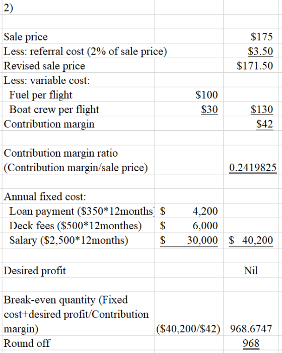 $175 $3.50 $171.50 Sale price Less: referral cost (2% of sale price) Revised sale price Less: variable cost: Fuel per flight