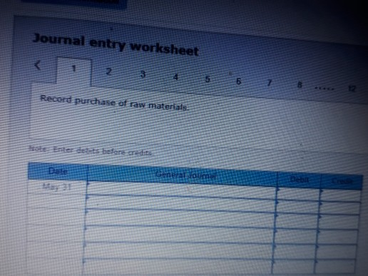 Joumal entry worksheet Record purchase of raw materials.